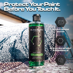 Blackline label close-up highlighting green apple scent and safe use
