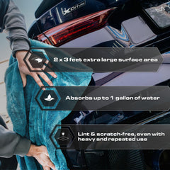 Blackline towel spread across car hood demonstrating large coverage and speed
