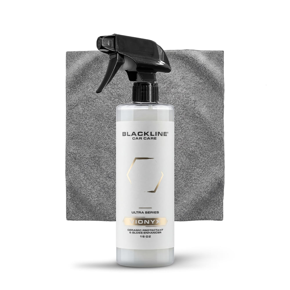 Blackline Vionyx bottle front view showing label and spray for easy identification and use