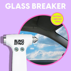 BLINGSTING attached to car visor with strap for immediate reach during emergencies