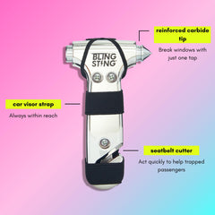 BLINGSTING seatbelt cutter blade detail showing safe recessed blade for fast cutting