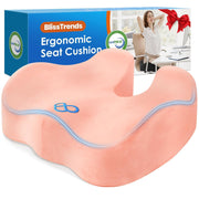 BlissTrends pink seat cushion front view showing ergonomic shape and comfort