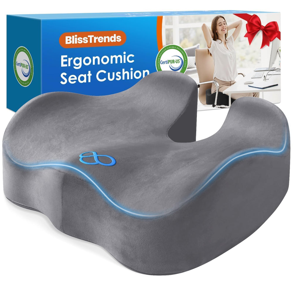BlissTrends front view of cushion showing ergonomic shape and neat embroidery for professional look