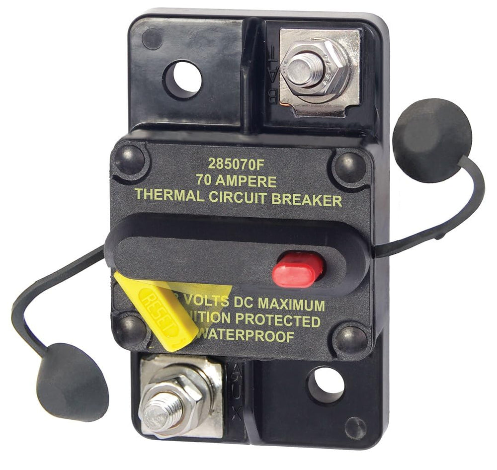Blue Sea Systems 285-series front view showing face studs and visible trip lever for safe control