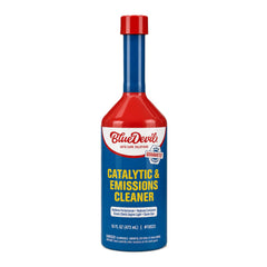 BlueDevil bottle being poured into gas tank to clean emissions