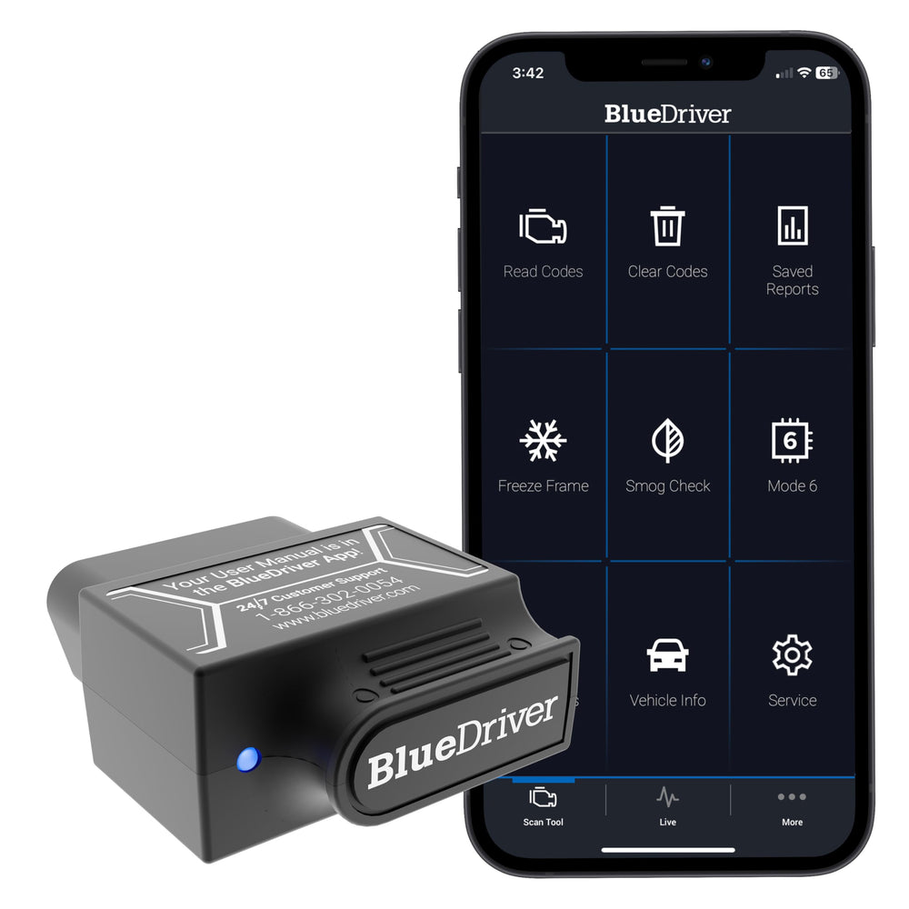 BlueDriver front view plugged into OBDII port showing compact design and quick install