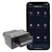 BlueDriver front view plugged into OBDII port showing compact design and quick install