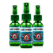 Blunteffects front packaging showing Baby Powder scent and three bottles benefit: clear identification