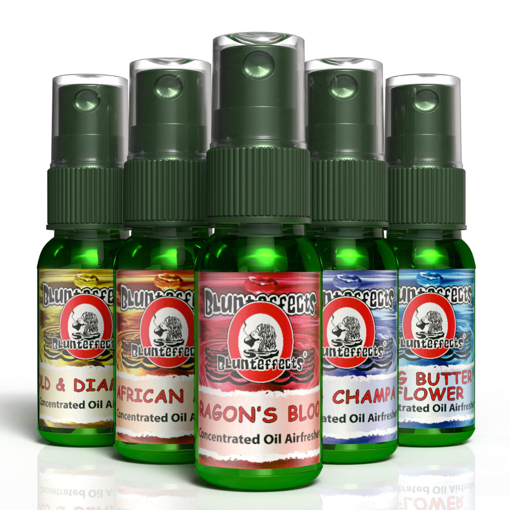 Blunteffects front pack shot showing five 1 oz bottles and assortment benefit