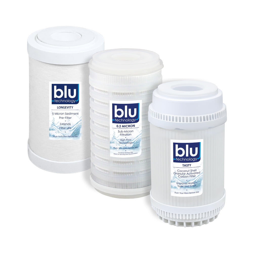 blu technology front pack showing three replacement cartridges and badge