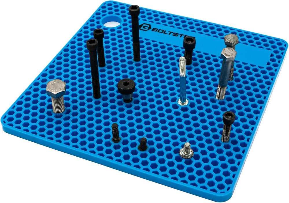 Boltster tray front view showing layout and blue silicone grip for organized parts