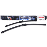 Bosch AeroTwin front packaging showing included 24 and 19 inch blades and benefits