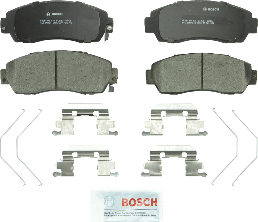 Bosch BC1521 front packaging showing pads and hardware for easy installation and fit verification