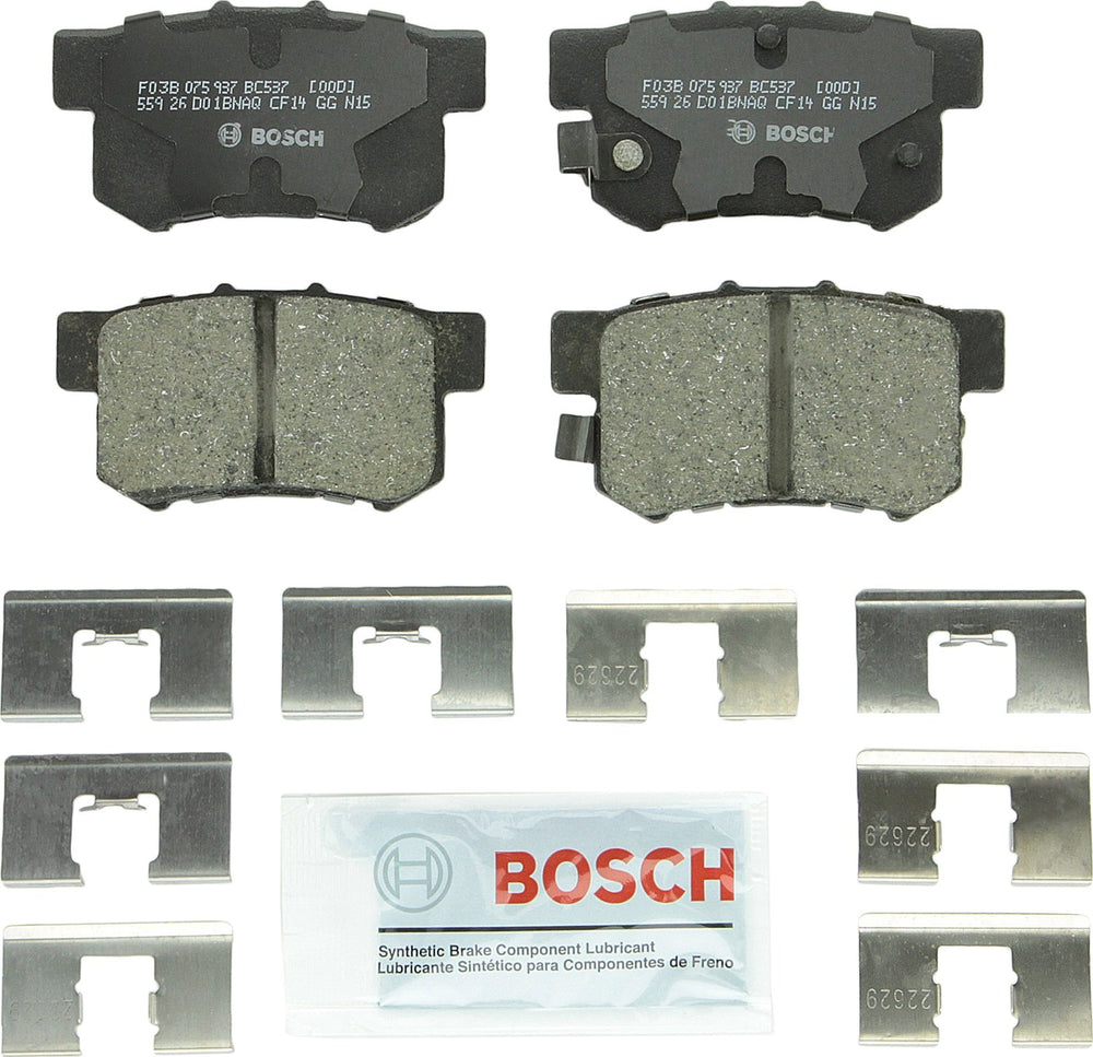 Bosch BC537 rear pad set packaging showing brand and ready-to-install contents