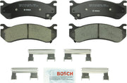 Bosch BC785 front packaging showing QuietCast pads and included hardware, highlighting trusted brand quality