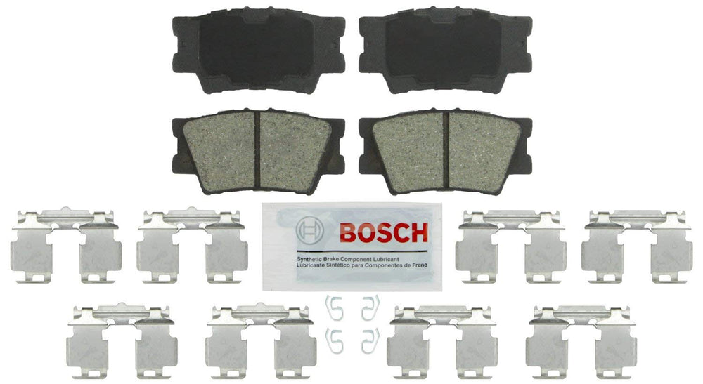 Bosch BE1212H front packaging showing pads and hardware, Bosch quiet braking benefit