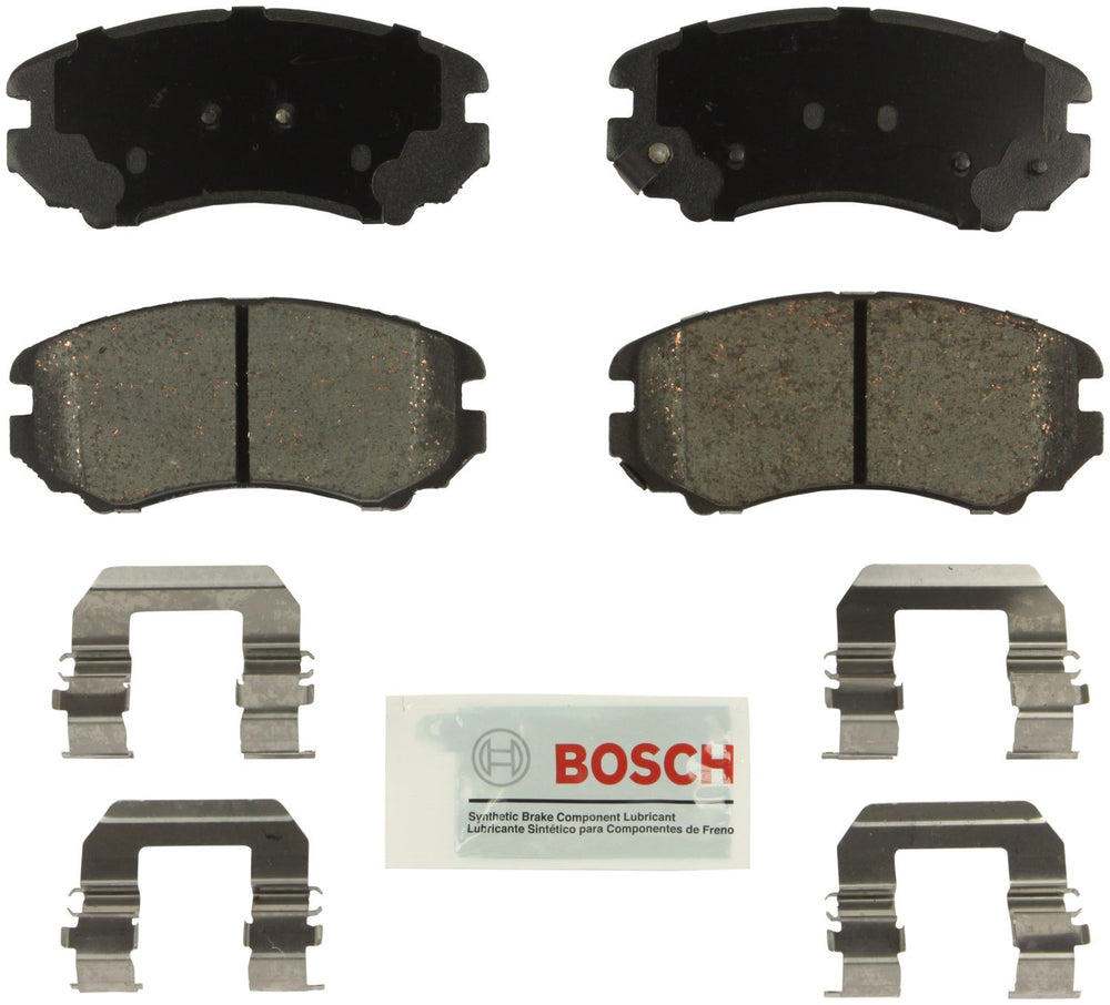 Bosch BE924H front brake pad set packaging showing contents and hardware, Bosch durable protection