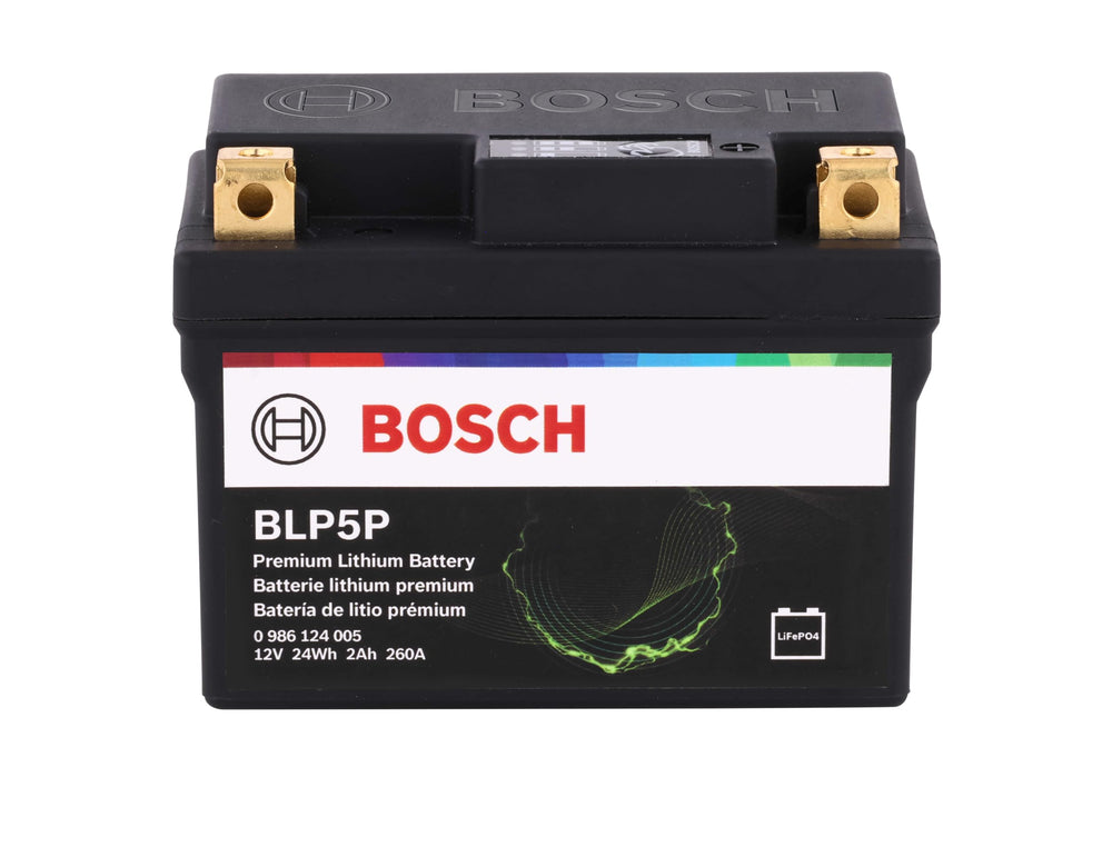Bosch BLP5P front view showing compact PowerSport battery and brand benefit of lightweight design