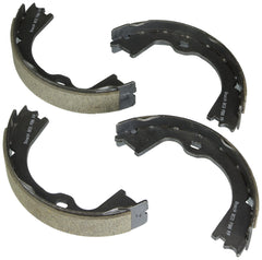 Bosch BS947 parking brake shoes front view showing fit and corrosion resistance benefit