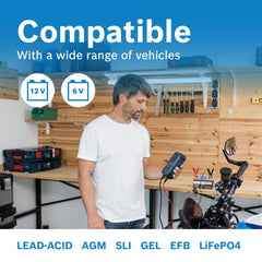 Bosch C40‑Li hung on garage wall demonstrating IP65 durability and convenient storage benefit