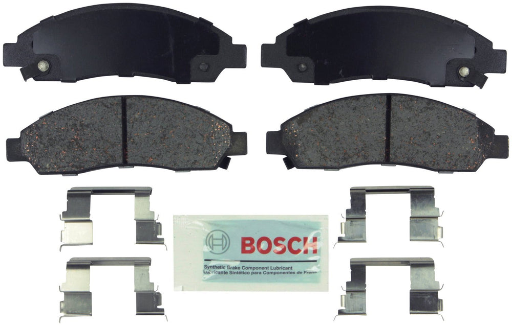 Bosch front brake pad set in box showing hardware and ready-to-install benefits