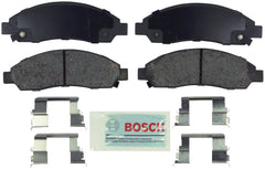 Bosch front brake pad set in box showing hardware and ready-to-install benefits