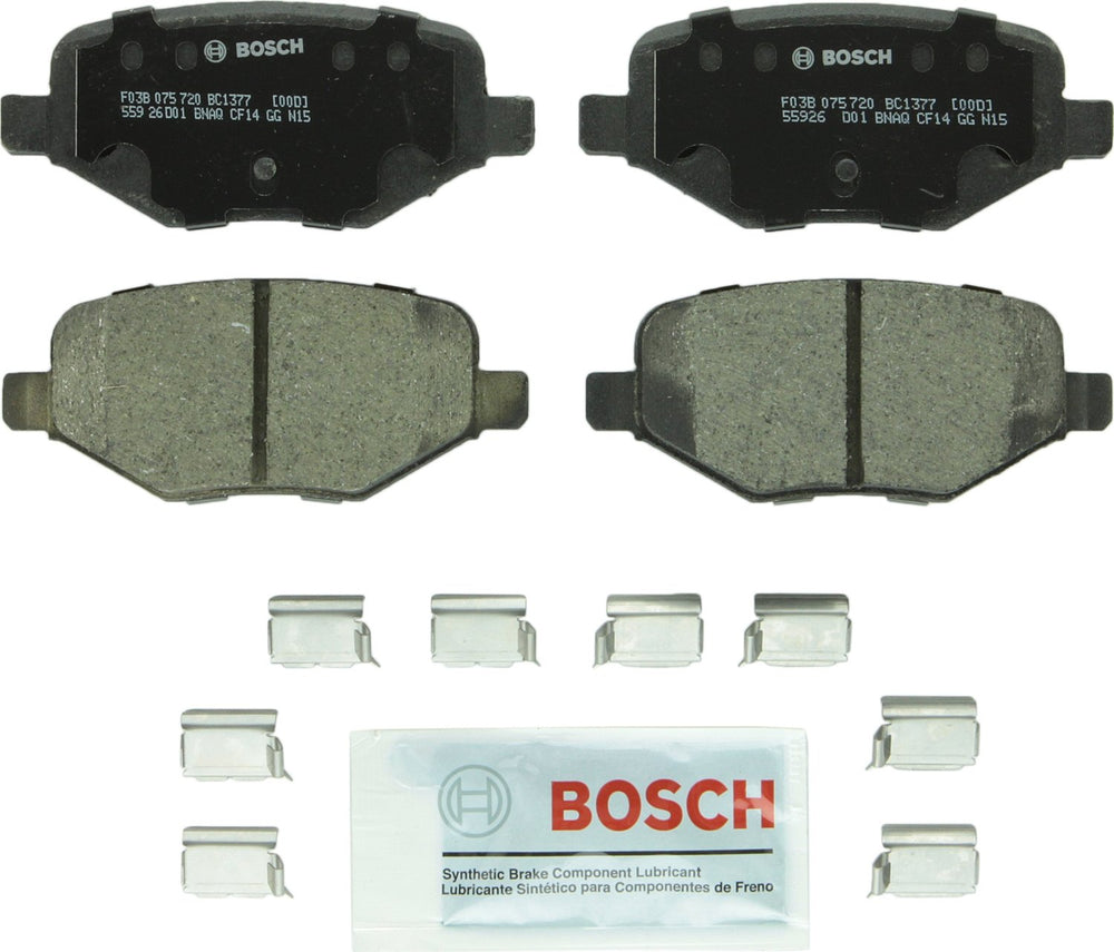 Bosch QuietCast BC1377 rear pads packaging showing included hardware and lubricant for easy install