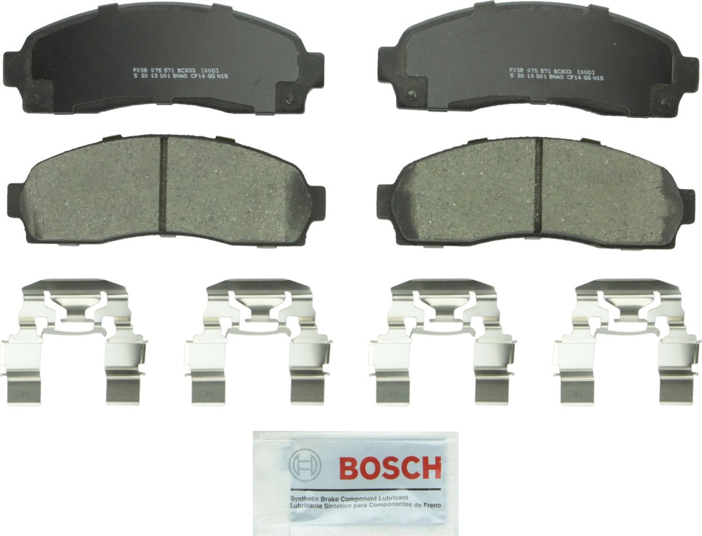 Bosch QuietCast BC833 front packaging showing complete pad set and hardware for easy install