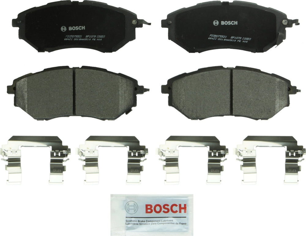Bosch QuietCast front package showing pads and hardware kit for easy fit