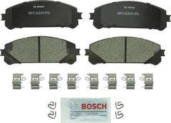 Bosch QuietCast front pad packaging showing contents and benefits