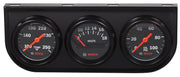 Bosch front view of triple gauge kit showing black dials and bezel for clear readings