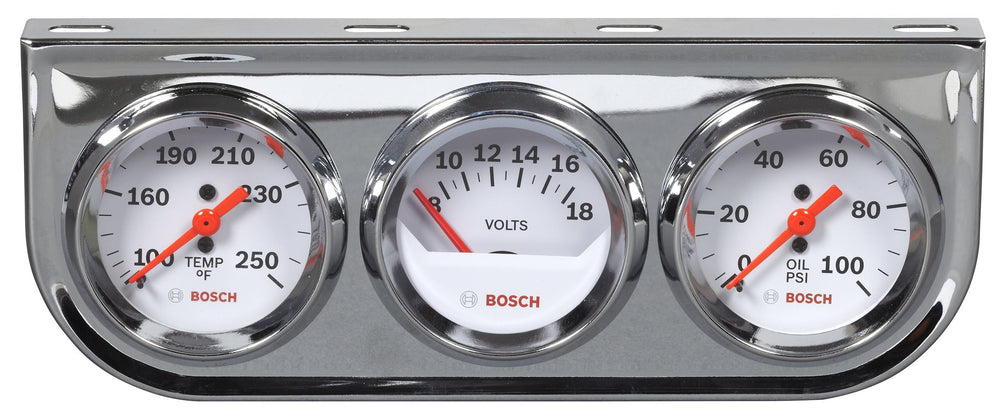 Bosch front view of triple gauge kit showing clean white dials and chrome bezel benefit readability