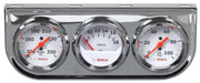Bosch front view of triple gauge kit showing clean white dials and chrome bezel benefit readability