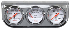 Bosch front view of triple gauge kit showing clean white dials and chrome bezel benefit readability