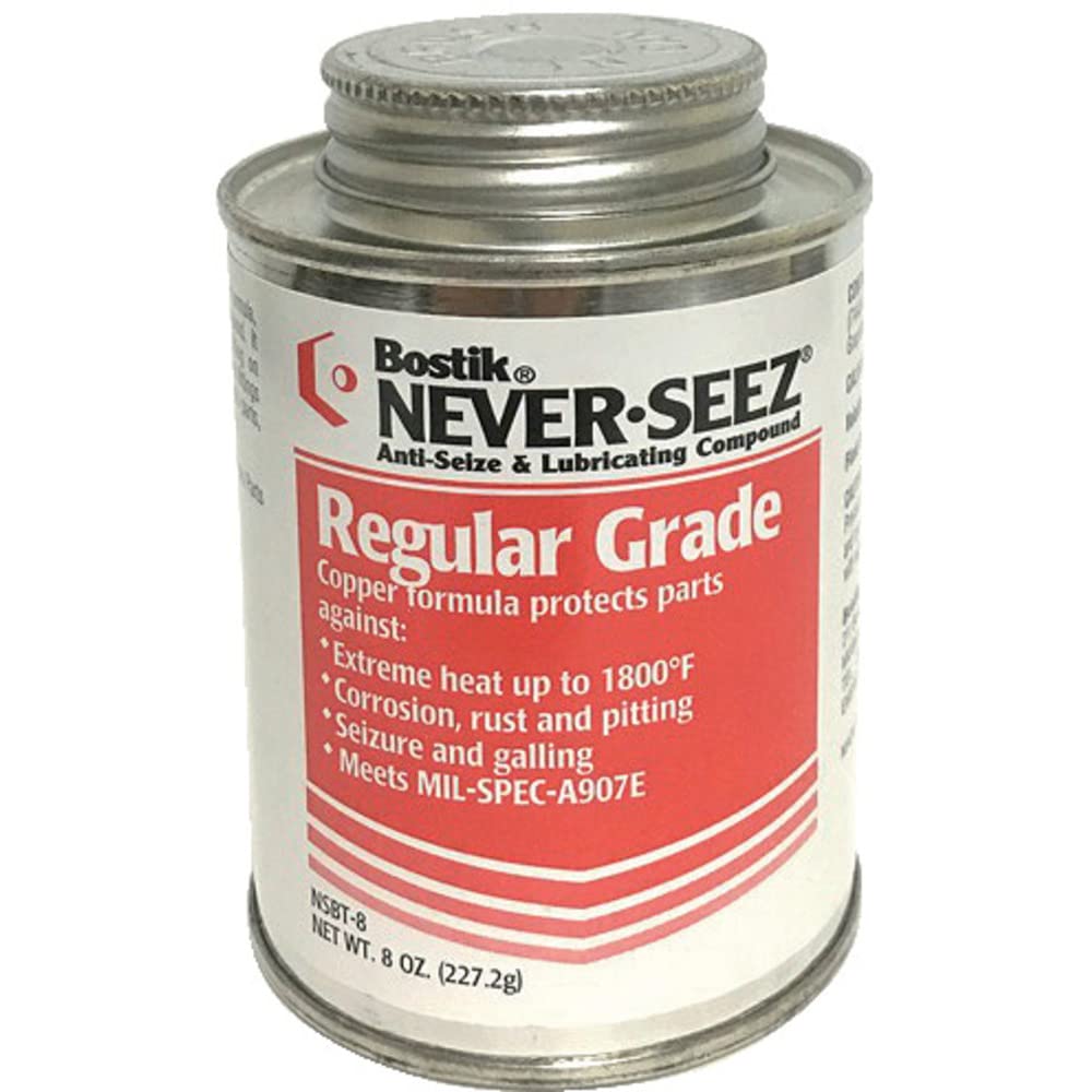 Bostik Never-Seez brush-top can front view showing label and silver-gray anti-seize