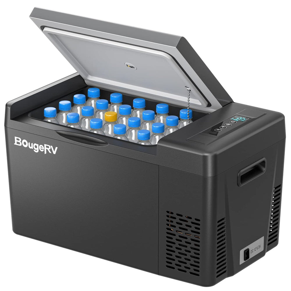 BougeRV CR22 front view showing compact portable freezer and convenient handles for transport