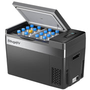BougeRV front view of 30QT portable freezer showing compact profile and travel-ready benefit