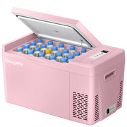 BougeRV pink front view of compact 23 quart freezer showing sleek case and handle benefit portable storage