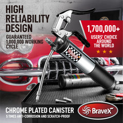 Bravex chrome canister closeup highlighting corrosion resistance and easy cleaning