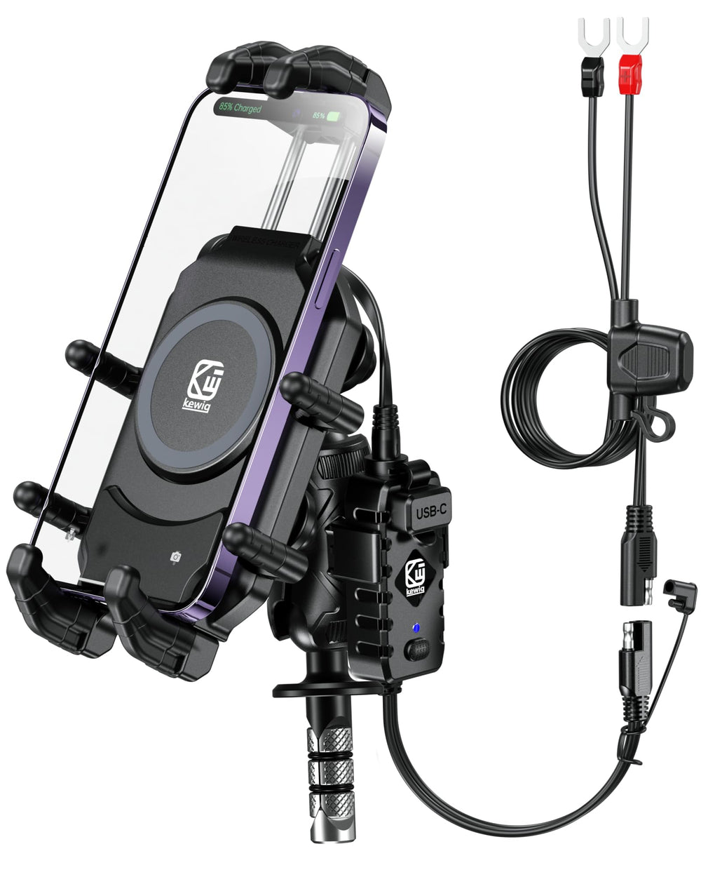 BRCOVAN front-mounted phone holder showing secure clamp and charging benefit