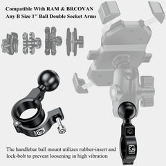 BRCOVAN clamp mounted on motorcycle handlebar demonstrating secure vibration-resistant hold