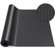 Breling front view of the black garage floor mat showing product packaging and size benefits