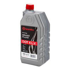 Brembo L04210 bottle beside brake assembly illustrating compatibility and scale