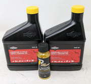 Briggs & Stratton front packaging showing both 18oz oil bottles and fuel treatment, easy maintenance