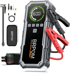 BRPOM front view of jump starter showing rugged shell and handles for durable portability