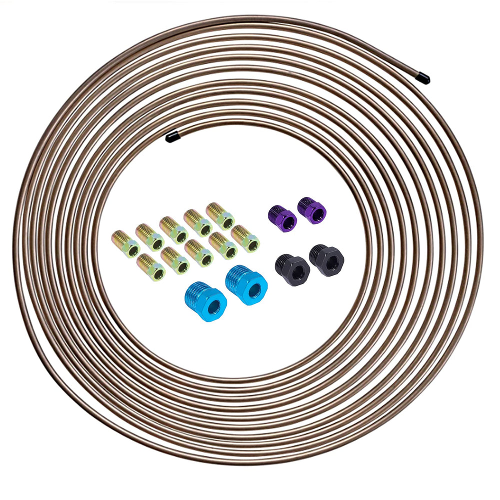 BSTIQUEUS front packaging showing 25ft copper-nickel brake line kit and included fittings for quick identification