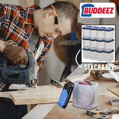 Buddeez stacked bins on shelf saving space in garage or workshop