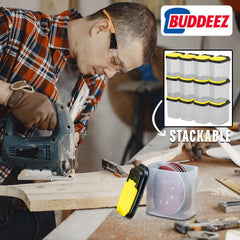 Buddeez top view of stacked bins demonstrating secure stacking and space saving