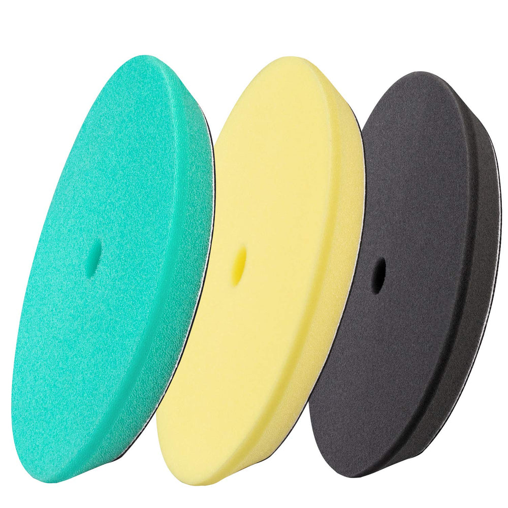 BUFFING HERO front view of 3-piece 5-inch polishing pad set showing colors and packaging benefits