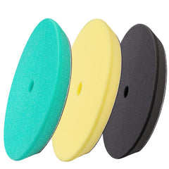 BUFFING HERO front view of 3-piece 5-inch polishing pad set showing colors and packaging benefits